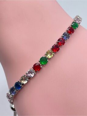 Rainbow Colors CZ Tennis Bracelet Silver Adjustable Bolo Statement Boho